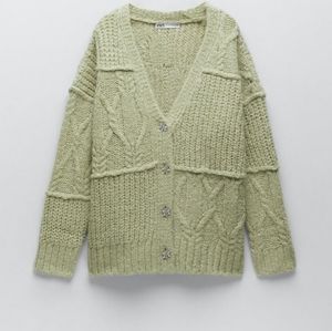 NWT ZARA Green Jewel Button Patchwork Cardigan Wool Blend Bloggers Favorite